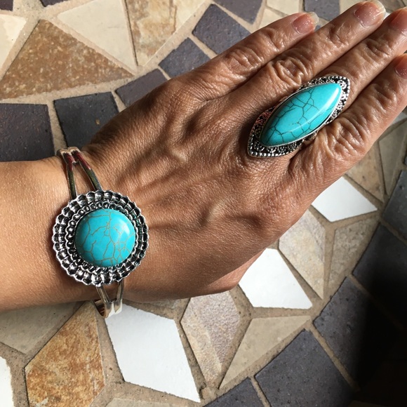 Custom Turquoise Silverplated Ring & Bangle Set